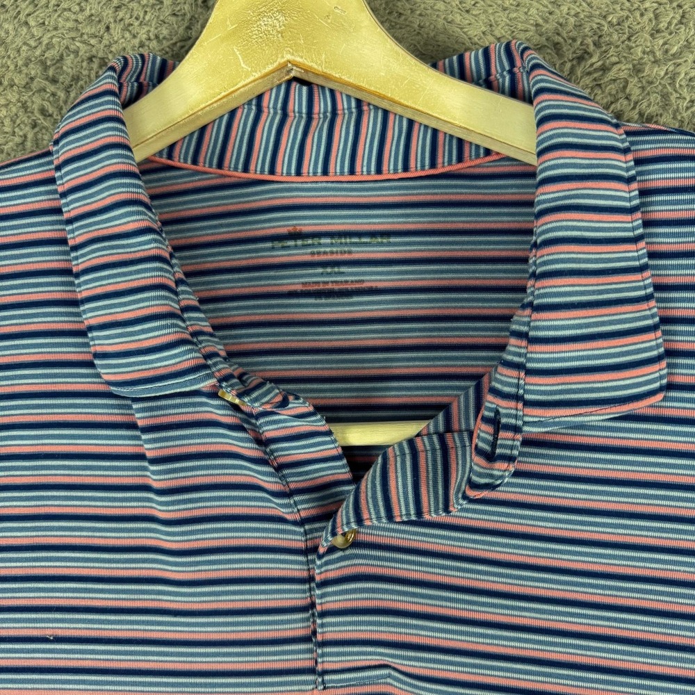Peter Millar Seaside Polo Shirt Mens XXL Blue‎ Pink Stripe Performance Golf